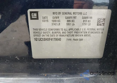 2015 Chevrolet Sonic Lt z USA, uszkodzony, nr VIN 1G1JC5SHXF4179640